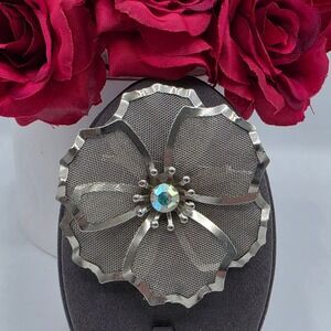 Vintage BED Silver Tone Mesh Flower Brooch Aurora Borealis AB Rhinestone Pin